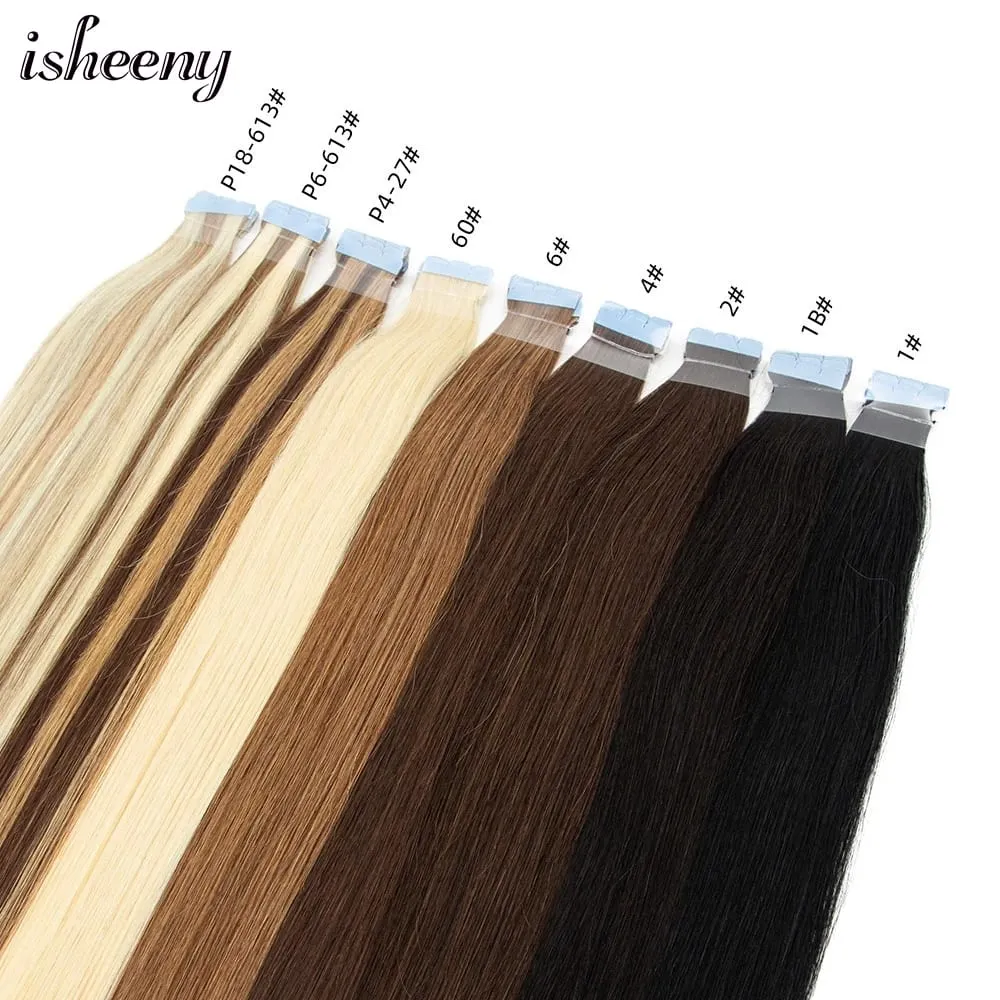 Isheeny 12"-24" Mini Tape Hair Extensions Machine Remy Skin Weft Adhesive Tape In Human Hair Natural Black Brown Blonde 10pcs