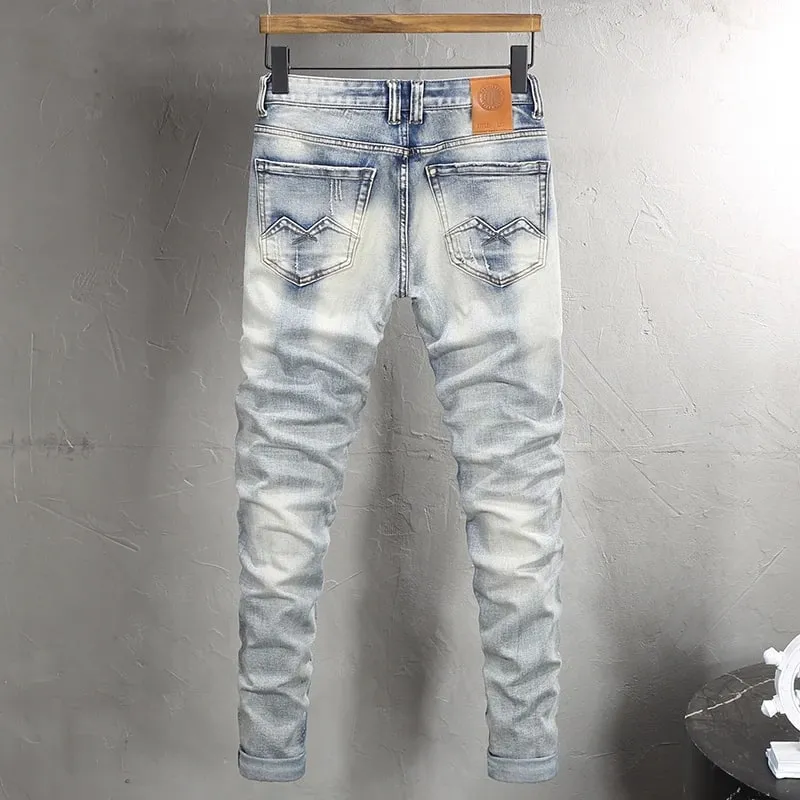Designer Fashion Men Jeans High Quality Retro Light Blue Stretch Slim Fit Ripped Jeans Men Y2K Embroidery Vintage Denim Pants — image 2