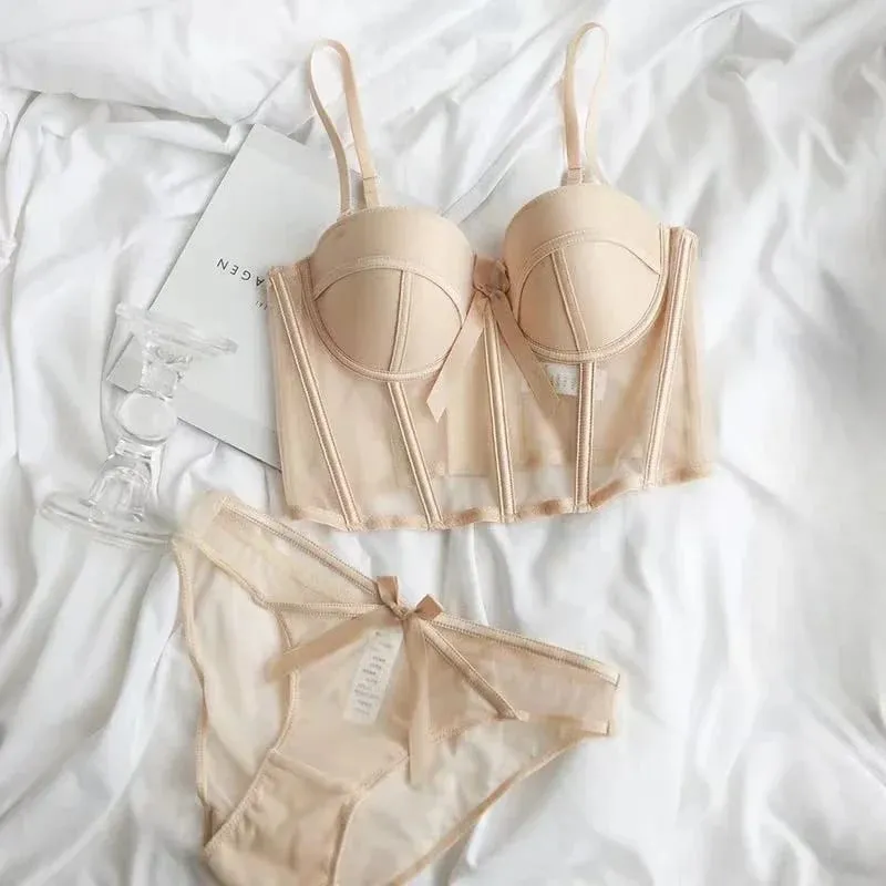 Lace Bra Sexy Mesh Underwear Women Hollow Out Shape Half Cup Soft Bralette Anti-sag Push Up Bow Thicken Women Underwear Set — image 6