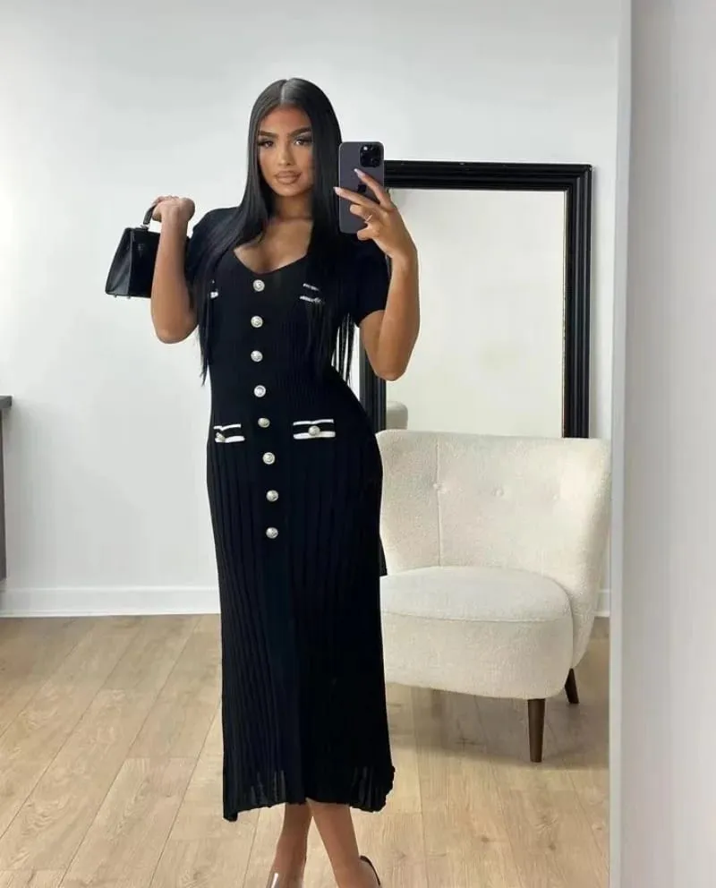 Elegant Knitted Maxi Dresses Bodycon Short Sleeve Ruffles Single Breasted 2025 New Dress Casual Communte Streetwear Vestidos — image 1