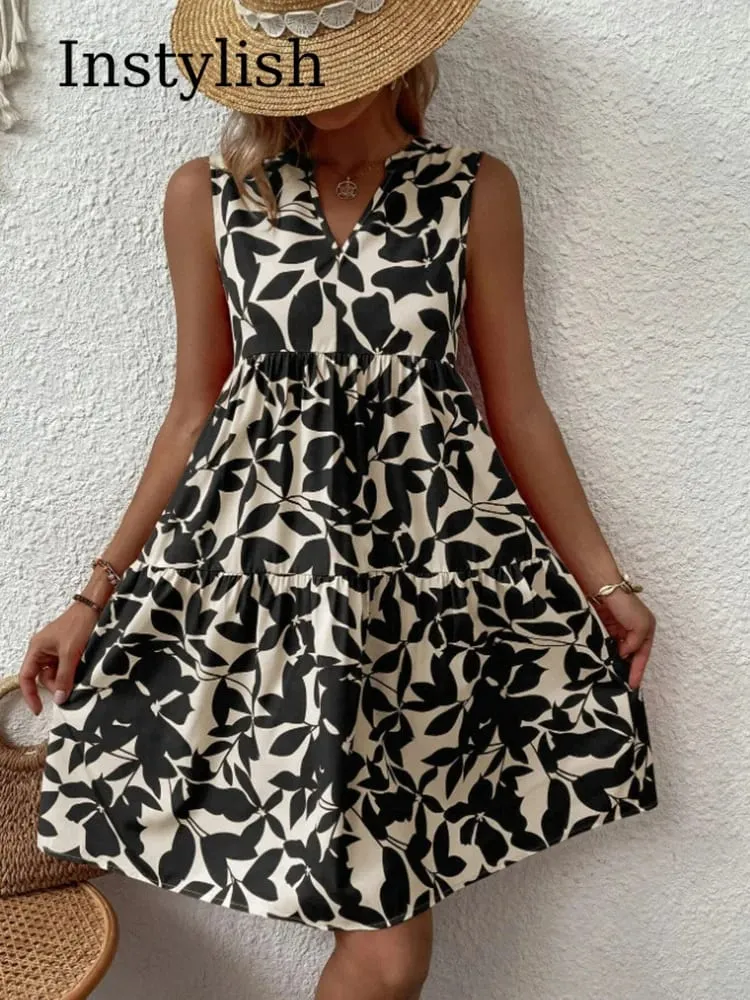 Damen Boho-Druck-Minikleid, Sommer, elegant, ärmellos, V-Ausschnitt, Rüschen, A-Linie, Tank-Kleid, lässig, locker, übergroß, Strand, Party, Sommerkleid — image 5