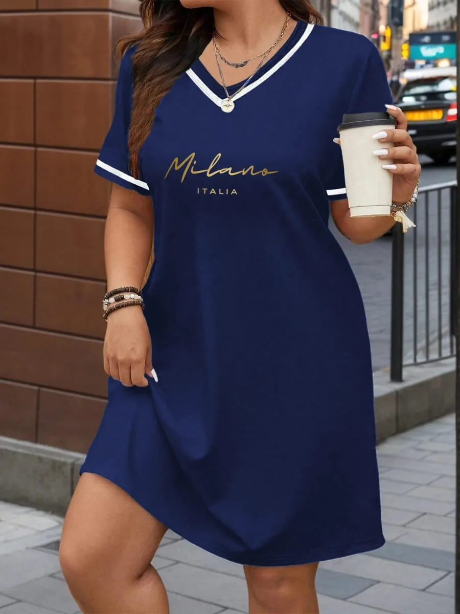 Modisches bedrucktes amerikanisches Casual-Stil-Farbblock-Kurzarm-Langoberteil mit V-Ausschnitt, lockere Passform, lässiges und schlankmachendes T-Shirt-Kleid, geeignet für Pendler im Frühling und Sommer und Damenbekleidung für zu Hause — image 6