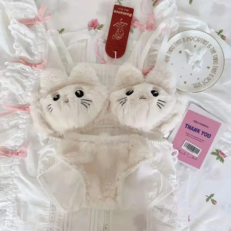 Japanese Kawaii Plush Women Bra Set Cute Girl Cat Comfortable Bra Set Cartoon Underwear Lovely Soft Student Lingerie
