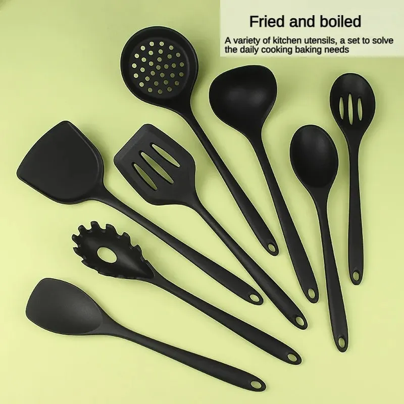 8ps Household black Silicone kitchenware 8-piece set of Chinese spaghetti spoon salad spaghetti spaghetti spaghetti，Rice spoon，