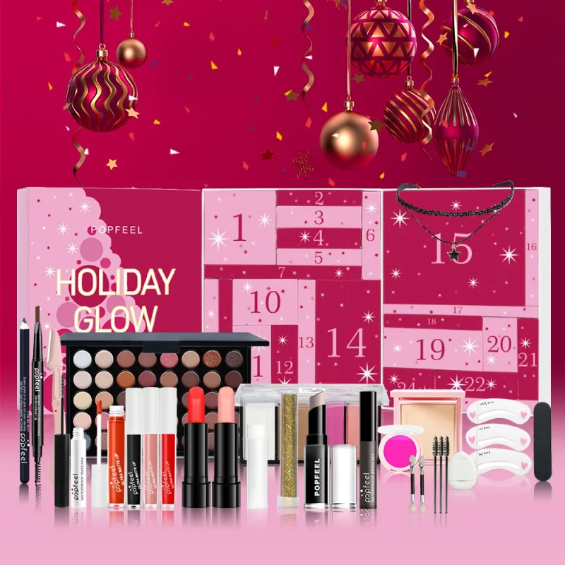 24 Day Holiday Glow Advent Calendar Complete Makeup Set with Skincare Brushes & Cosmetics 24 Surprise Beauty Gift Box
