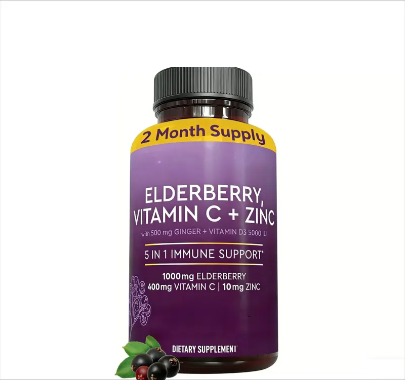 Cápsulas de sabugueiro com vitamina C, zinco D3, gengibre, sambucus, mistura de ervas de sabugueiro preto, suporte diário de bem-estar para adultos