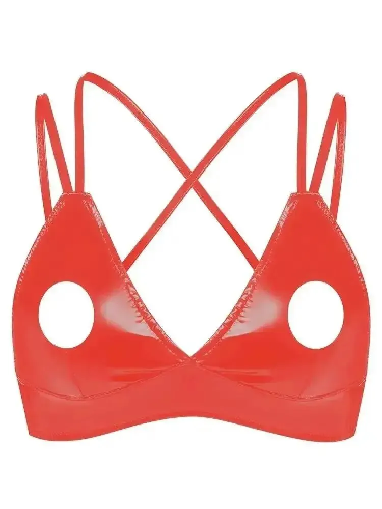 S-3XL Deep V-neck Wet Look PVC Bustier Tank Top Hollow Out Shiny PU Leather Bikini Crop Tops Tights Sexy Croptop Camis Cropped — image 5