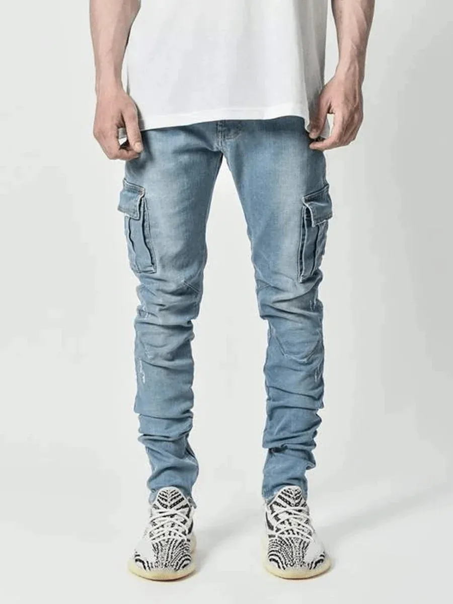 2025 New Fashionable men's denim work pants street style black gray multi pocket jeans American casual multi pocket jeans — image 6
