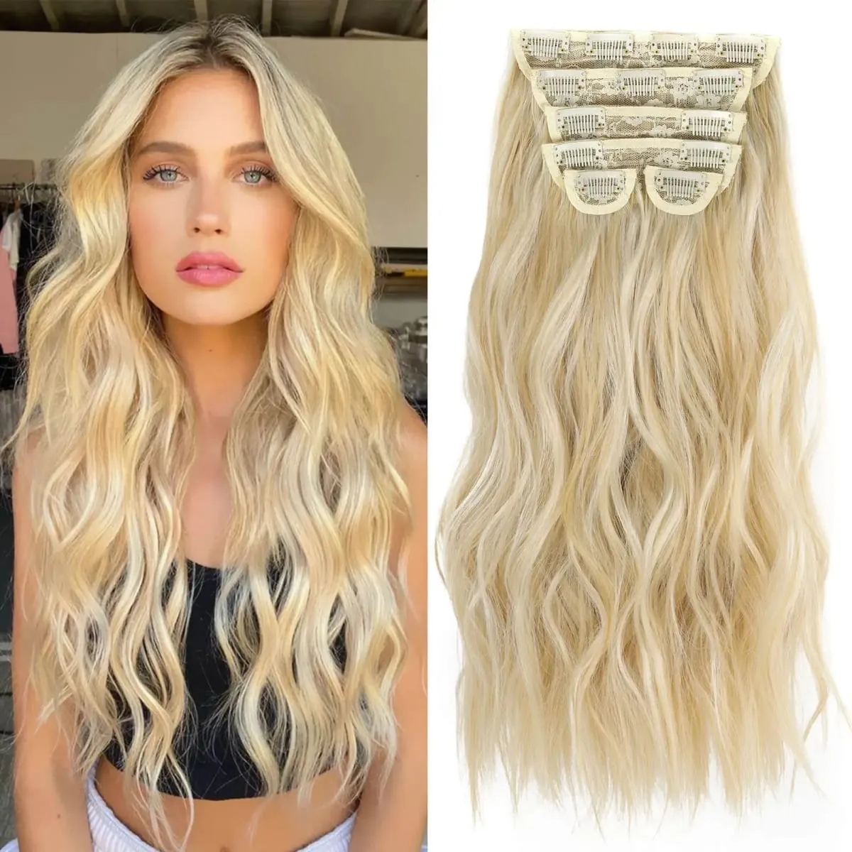 Synthetic Long Wavy Clip In Hair Extensions 20" Thick Hairpiece 6pcs/set For Women Brown Blonde Black Natural Fake Fiber Hair — image 2