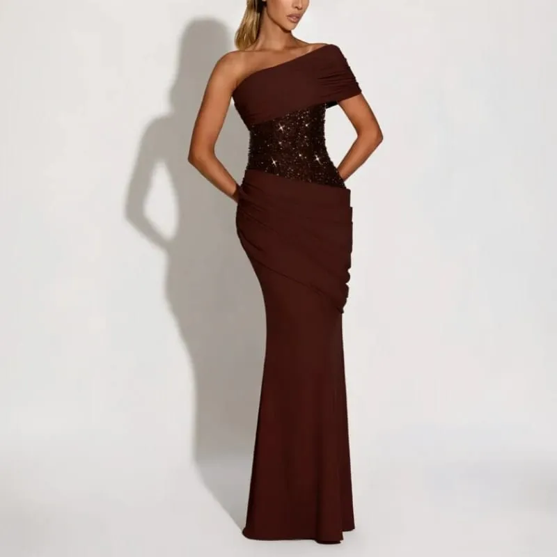Suninheart – robe de soirée asymétrique épaule dénudée pour femmes, tenue élégante drapée à paillettes, dos Long à lacets, style sirène, Maxi, robe de soirée — image 2