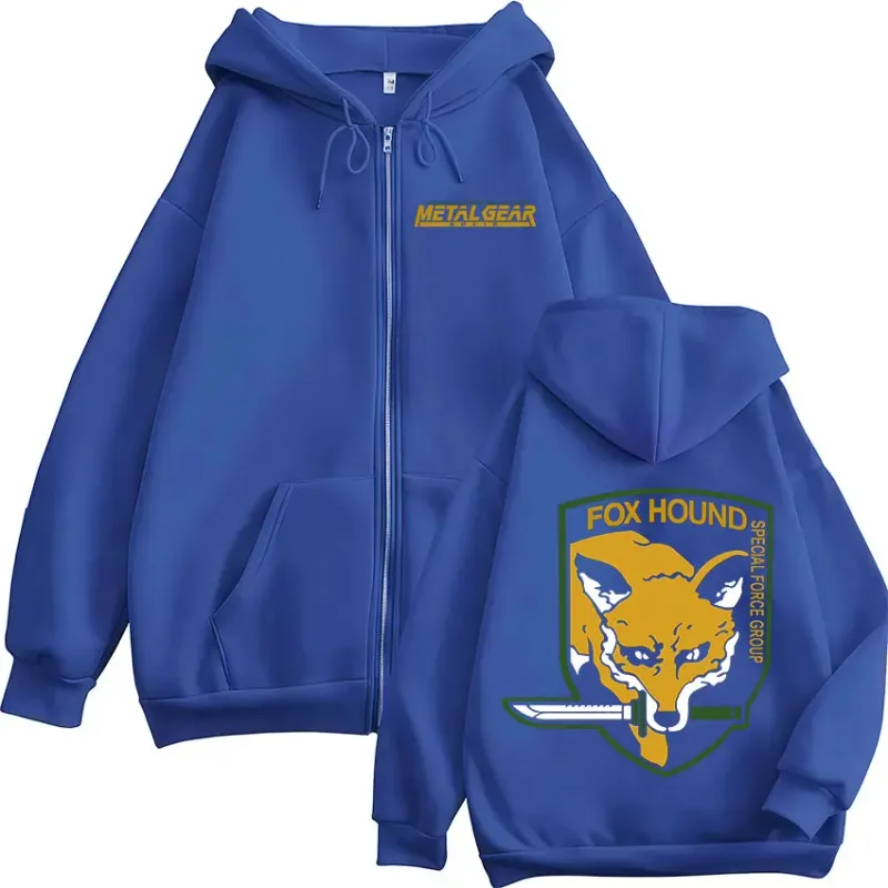 Metal Gear Solid Game FOX HOUND nadruk logo bluzy z kapturem na zamek mężczyźni kobiety odzież modne swetry zapinane na zamek bluzy z kapturem kurtki — image 6