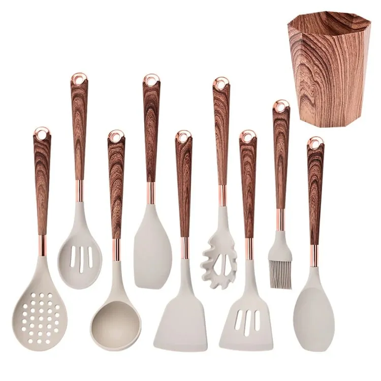 Silicone Kitchen Utensil Set 10 Pcs Cooking Utensil with Utensils Holder Wooden Pattern Handles Nonstick Cookware JT264