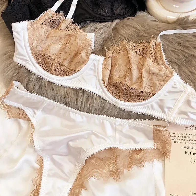 2 Pieces Sexy Ultra Thin Lace Bra Set Women Splicing Color Underwear French Silk Breathable Bras and Panties Intimate Lingerie — image 3