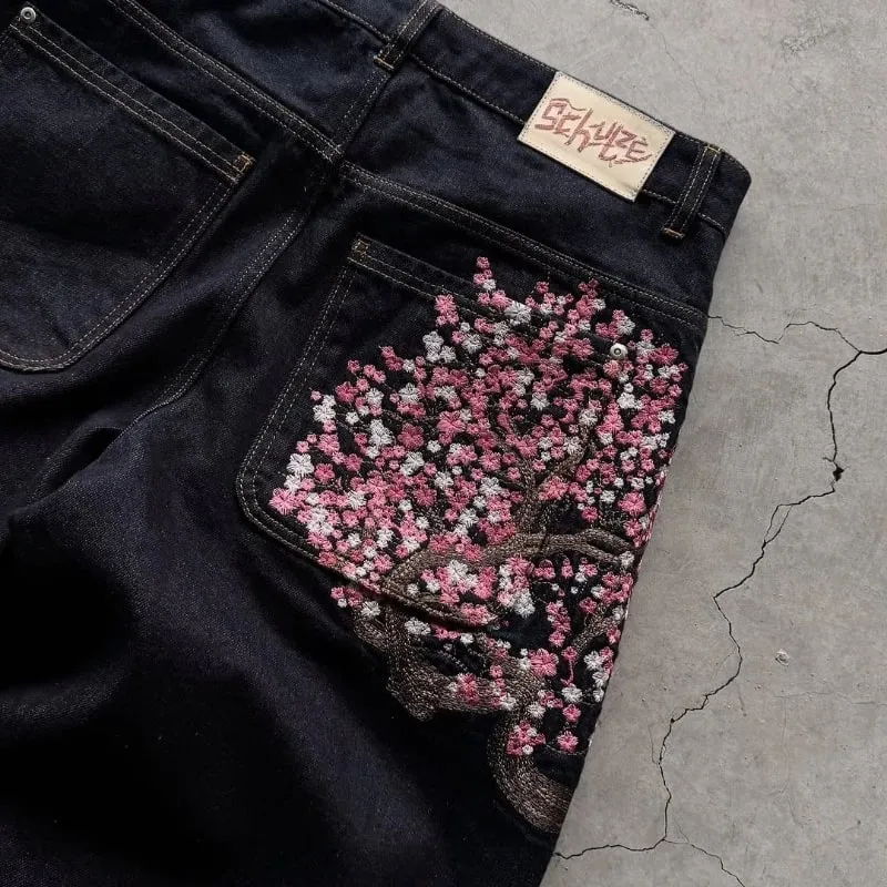 Y2K Harajuku jeans Goth vintage plum blossom embroidery pattern wide leg pants men women denim fabric American style street wear — image 4
