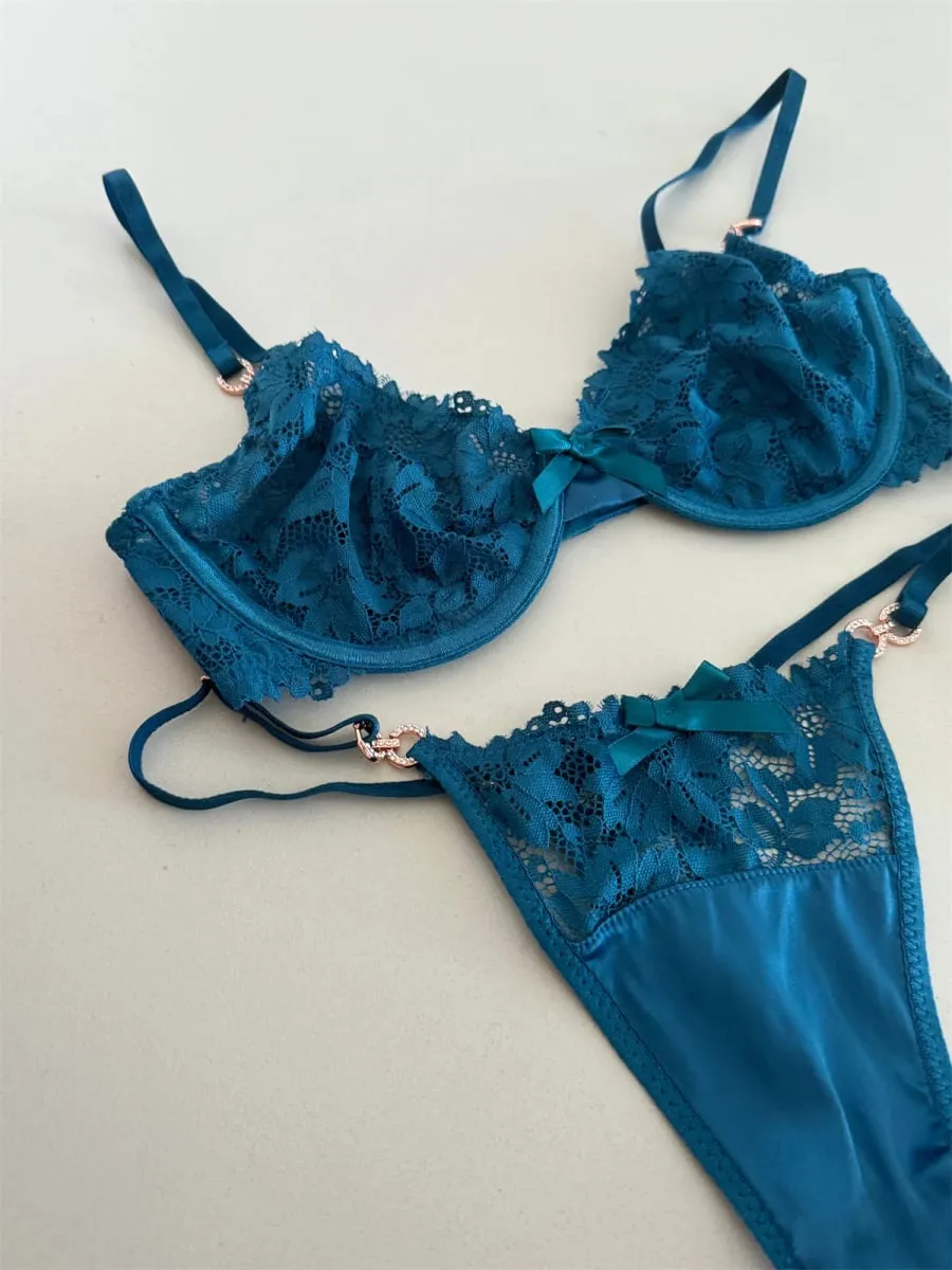 Charmoso nicho de cetim tesouro azul lingerie renda sexy anel de aço fino suporte superior conjunto de sutiã reunido roupa íntima feminina — image 2