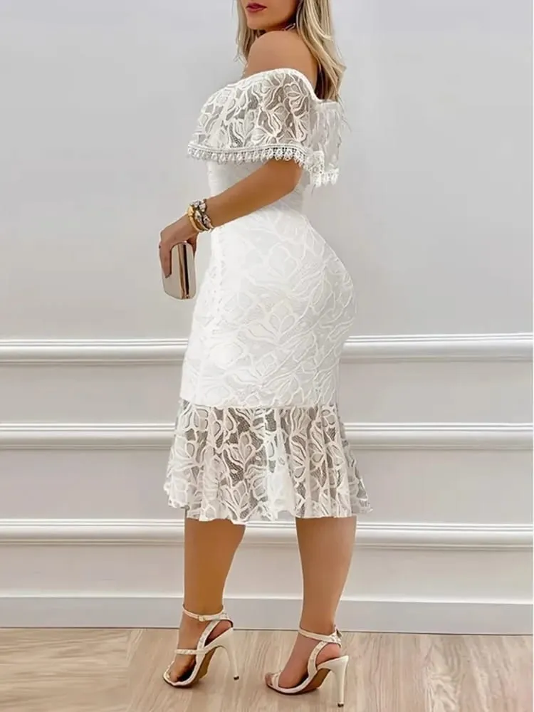 Women's White Off-Shoulder Lace Midi Dress Ruffled Neckline Flared Hem Ideal for Evening Parties Wedding Receptions — image 3