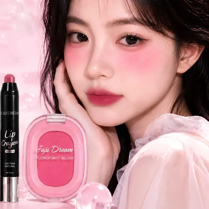 Lip Crayon And Flower Mist Blush Makeup Set Matte High Pigment Waterproof Long Lasting Natural Pink Face Makeup Kit