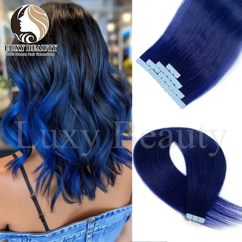 Colored Blue Mini Tape in Human Hair Extensions Invisible Seamless Tape in Hair 10pcs Pink Red Green Purple Blue Mini Tape Hair — image 1