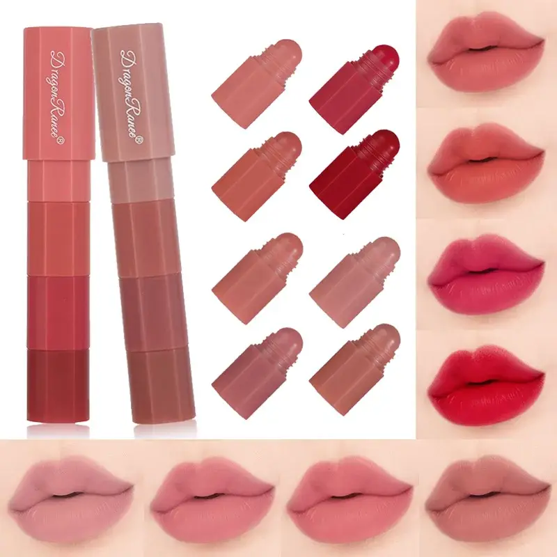 Set of 4pcs Lipstick Crayon Matte Velvet Four Lipstick Pens Mousse Nude Color Portable Mini Lipsticks 4 in 1 Lip Stick Makeup