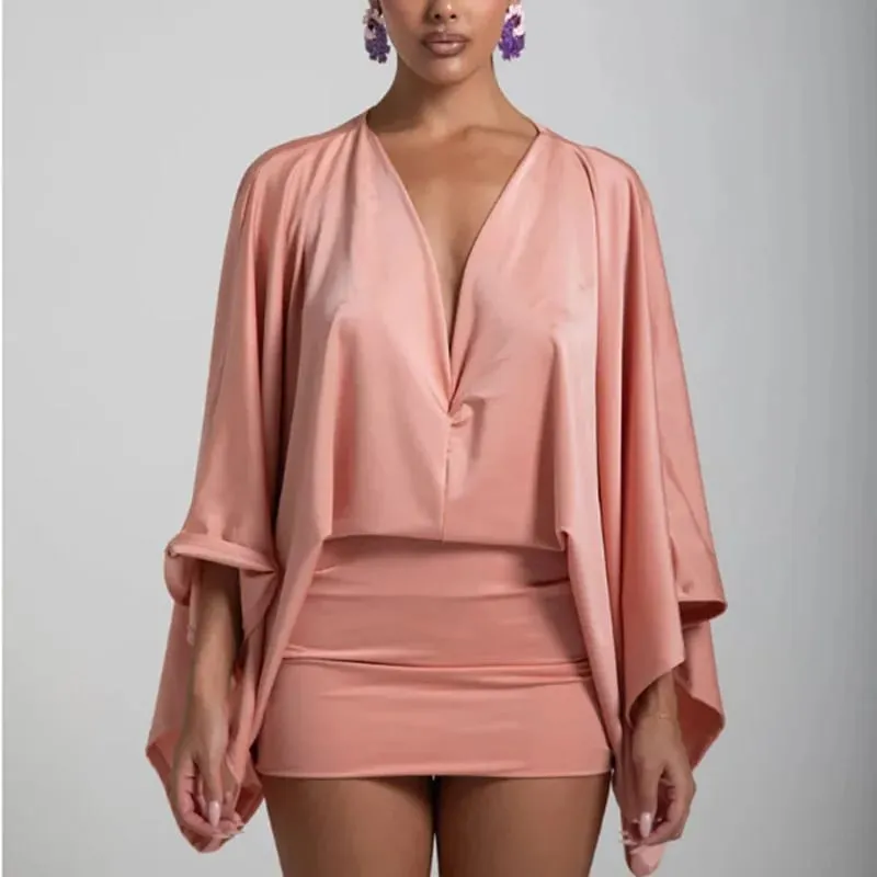 New Autumn Chic Deep V-Neck Boho Dress Retro Solid Spliced Flare Sleeve Prom Dress Spring Woman Club Elegant Slim Fit Mini Dress — image 6