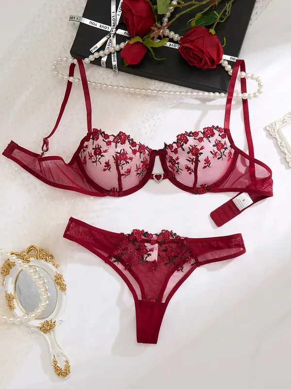 Ladies' Wine Red Heart-Shaped Design Embroidered Semi Transparent Comfortable Breathable Underwear Set Suitable ZA825026