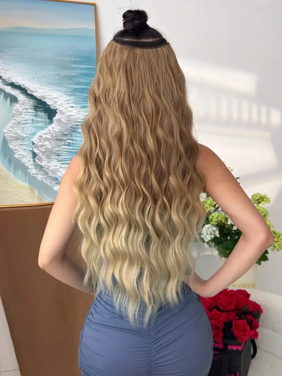 Synthetic Hairpiece 24 Inch Long Water Wave Wavy Clip In Hair Extensions V-Shaped Ombre Heat Resistant Fiber For Women Girls — image 4