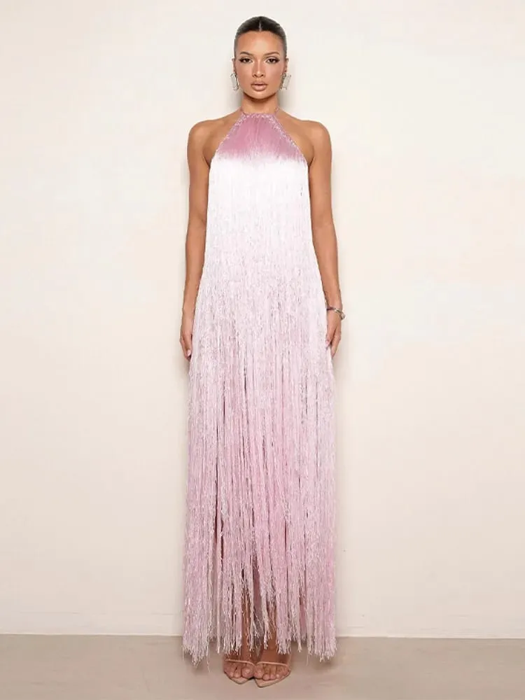 Vestido de festa feminino halter sem mangas sem costas borla sólida feminino longo vestidos de férias 2026 moda verão elegante senhora robe — image 4