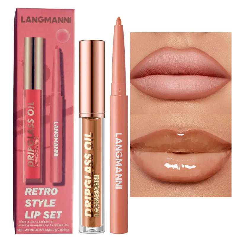 2pcs/box Matte Velvet Lipliner&Mirror Glass Lip Gloss Waterproof Long-Lasting Non-Sticky Purple Brown Liner Lip Combo Makeup Set