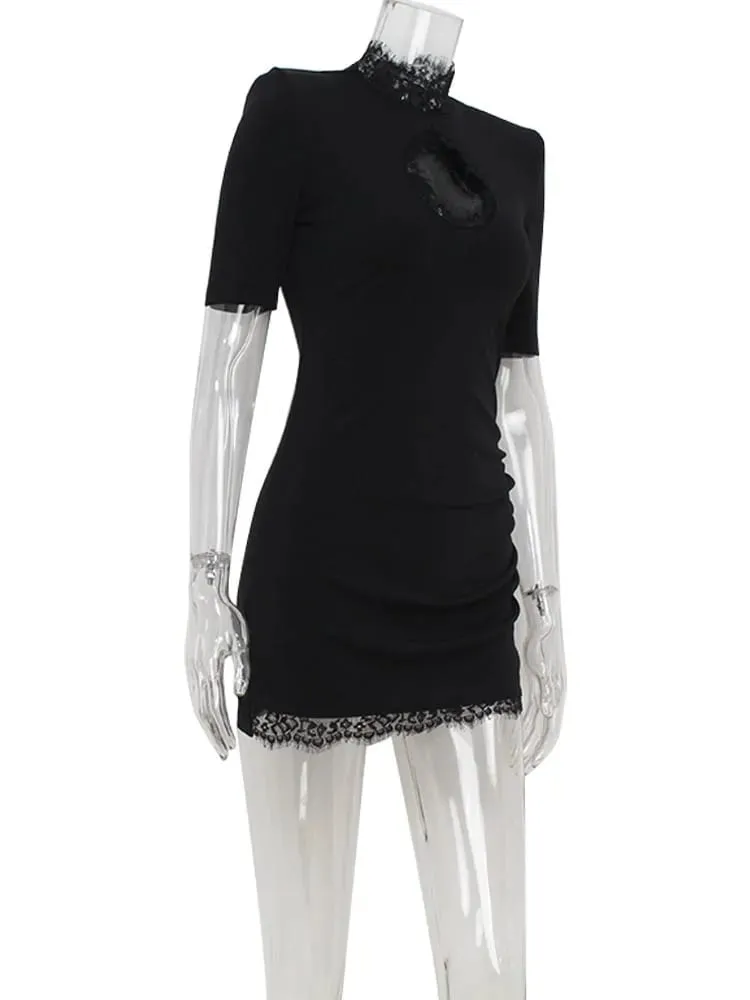 Hollow Out Bodycon Sheath คอปกสูงลูกไม้ Patchwork ชุดสตรีครึ่งแขนชุดเซ็กซี่คลับแฟชั่นหญิง Vestidos — image 7