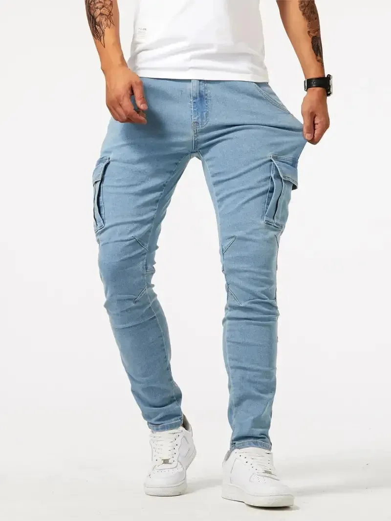 Men's street stretch denim jeans washed solid color multi pocket work pants casual slim fit daily wear jogging pants mid wa — image 1