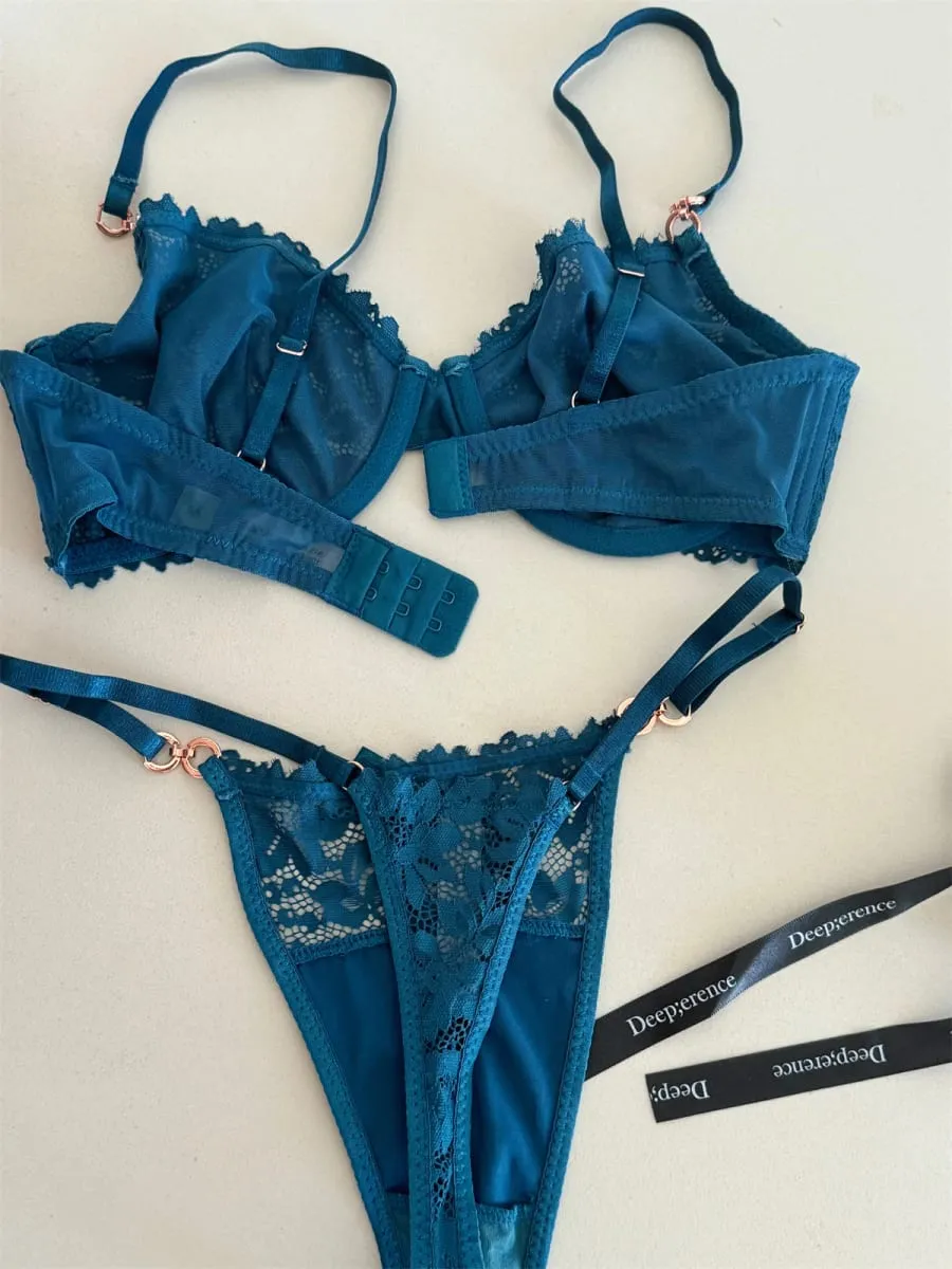 Charmoso nicho de cetim tesouro azul lingerie renda sexy anel de aço fino suporte superior conjunto de sutiã reunido roupa íntima feminina — image 4