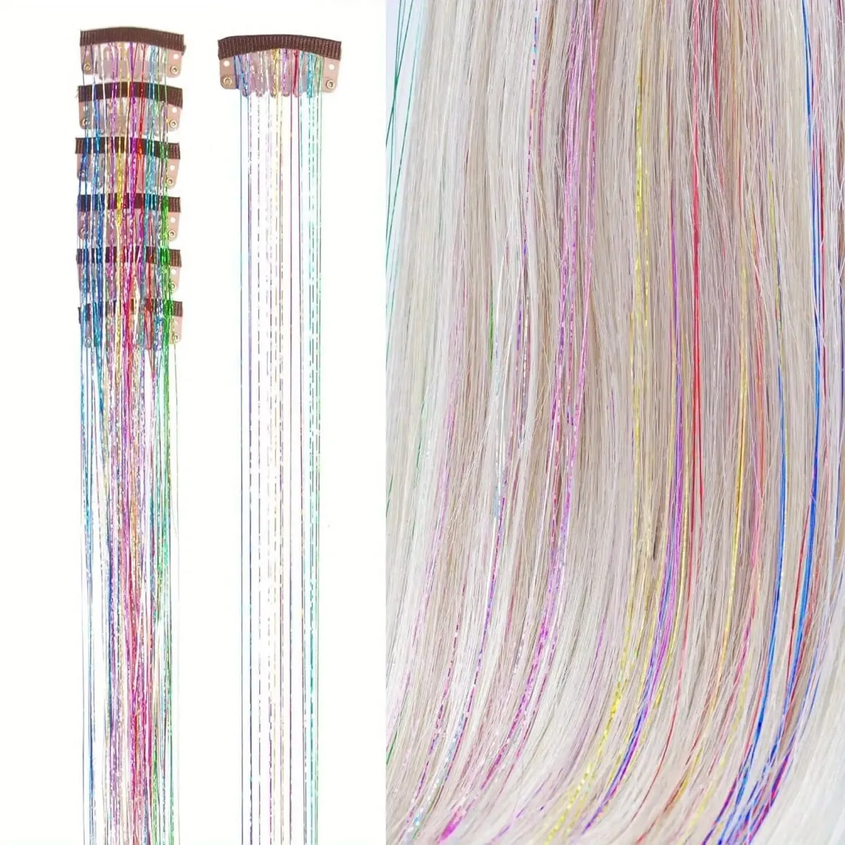 Color bright silk clip seamless hair extensions glitter gold silk dazzling laser wire color strips synthetic wigs