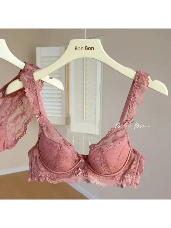 White Lace Bra & Panty Set Padded Bralette for Small Chest Summer Slimming Underwear Low Back Lingerie for Women Sexy Set