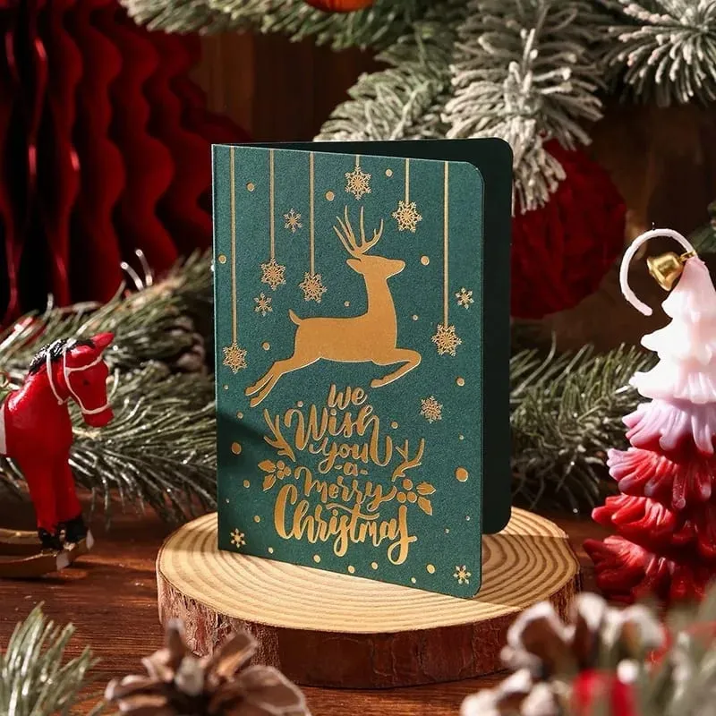10Pcs Vintage Gold Foil Christmas Folding Greeting Cards Multi Pattern Blessing Holiday Cards New Year Postcard Gift Cards