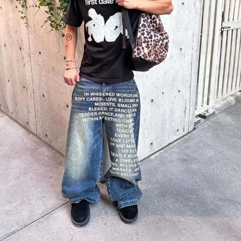 American Retro Patterned Alphabet Men Jeans Personalized Street Clothing Y2K Goth Men and Women Fashion Casual Pants