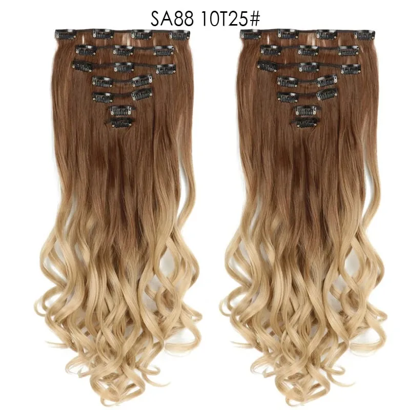 Clip in Long Wavy Synthetic Hair Extension 22 Inch Black 7PCS Thick Hairpieces Fiber Double Weft Hair for Women