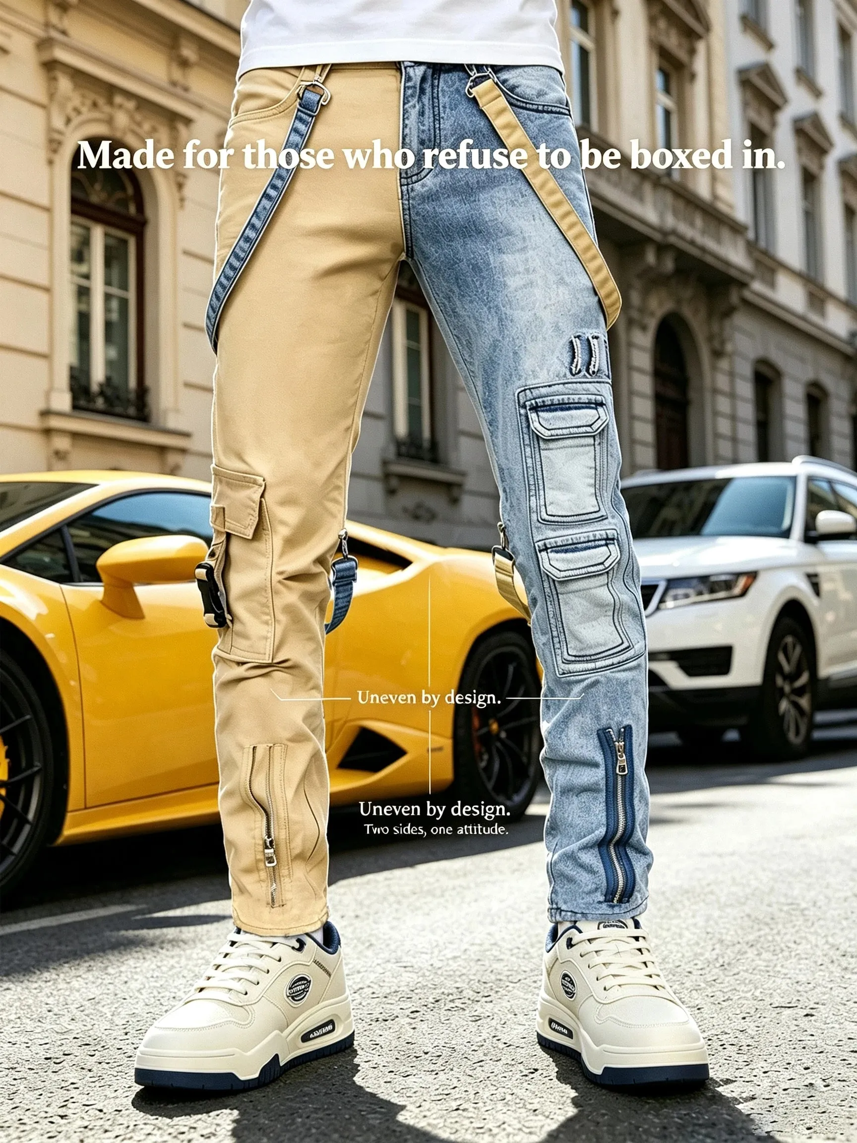 Y2K Jeans for Men Techwear Retro Cargo Pants Flared Bootcut Jeans Contrast Color Splicing Strap Streetwear Denim Trousers — image 3