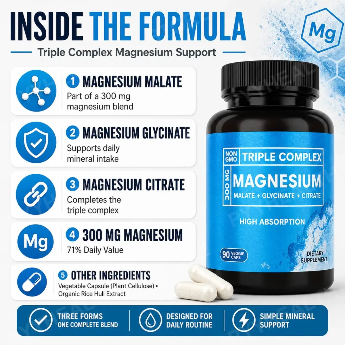Háromszoros magnézium komplex 300 mg malát-glicinát-citrát nagy felszívódású napi ásványianyag-kiegészítő vegán, nem GMO 90 zöldségsapka
