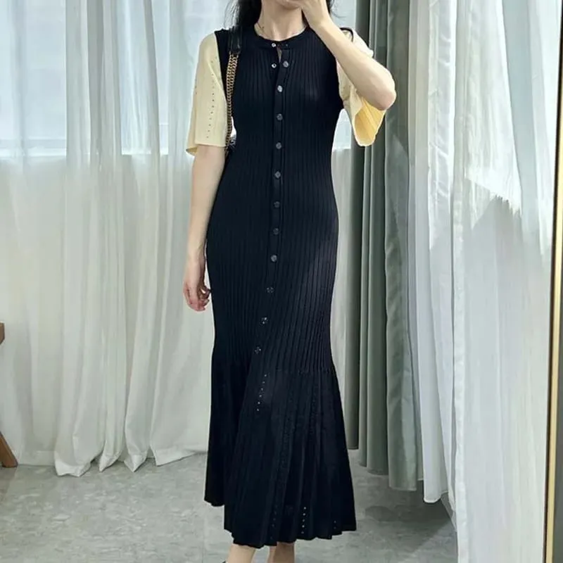 Summer Spring New French Elegant Fragrance High-end Slimming Knitted Mermaid Dress Hollow Slimming Fish Tail Knit Dress — image 1