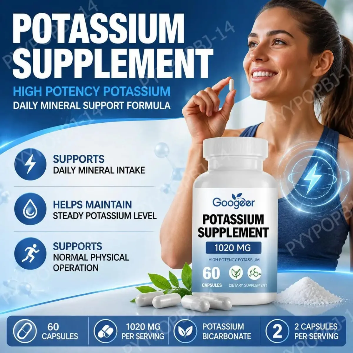 Googeer โพแทสเซียมอาหารเสริมแคปซูลสำหรับรายวันรองรับ Mineral Gap 1020 Mg เทียบเท่า Steady โพแทสเซียมระดับ 60 แคปซูล — image 2