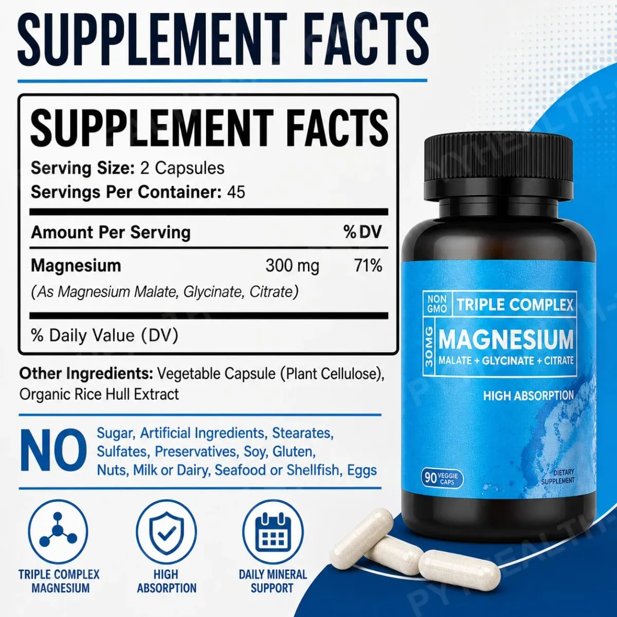 Háromszoros magnézium komplex 300 mg malát-glicinát-citrát nagy felszívódású napi ásványianyag-kiegészítő vegán, nem GMO 90 zöldségsapka
