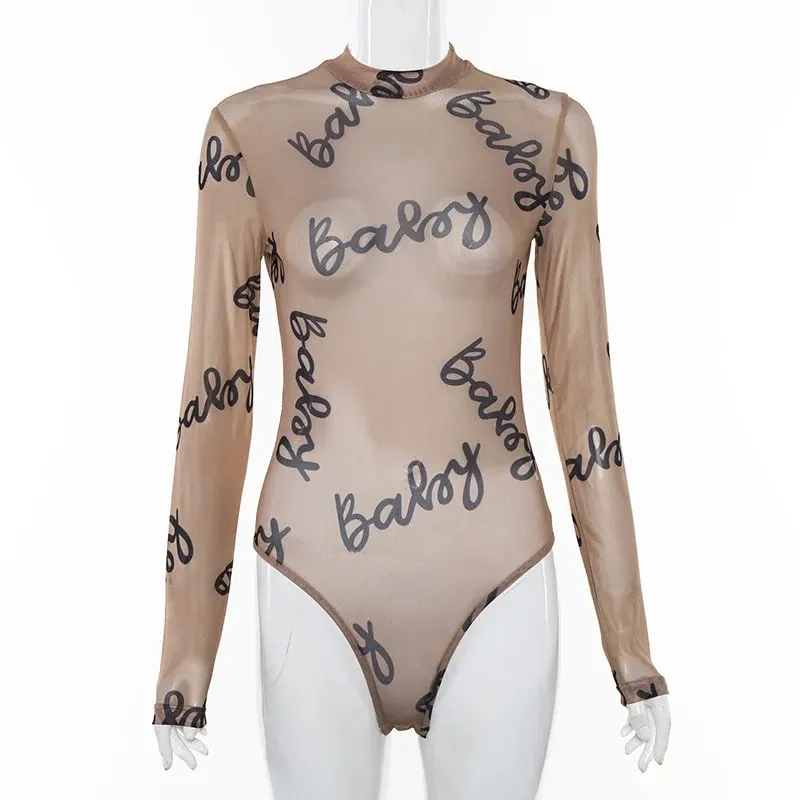 2025 Summer Sexy Letter Print Transparent Mesh Bodysuits Long Sleeve See Through Baby Bodycon Rompers Women Jumpsuits