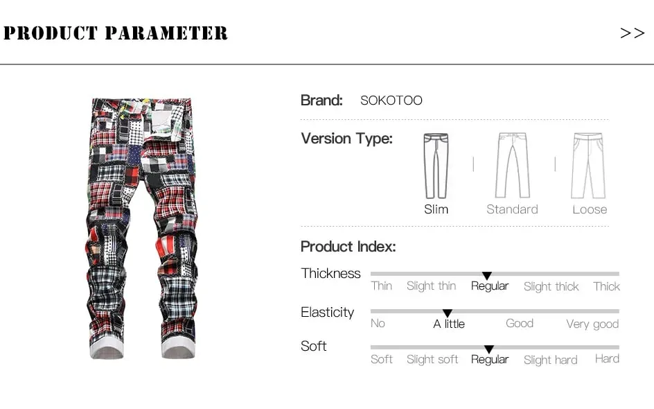 Men Plaid Digital Print Jeans Fashion Patches Patchwork Stretch Denim Pants Slim Straight Trousers — image 7