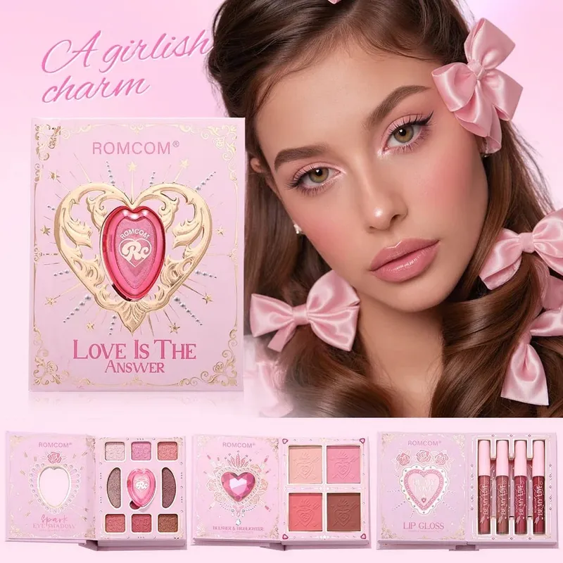 Pink Heart Decor Full Face Makeup Combo 9 Neutral Eye Shades 4 Cheek Tints 4 Nude Matte Lip Gloss Portable Design — image 7