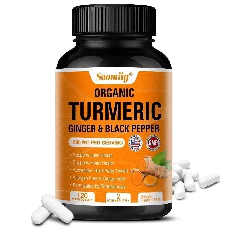 Organic Turmeric High Strength 1500 Mg | 120 Capsules with Black Pepper Ginger and Active Curcumin Joints Heart Cognition