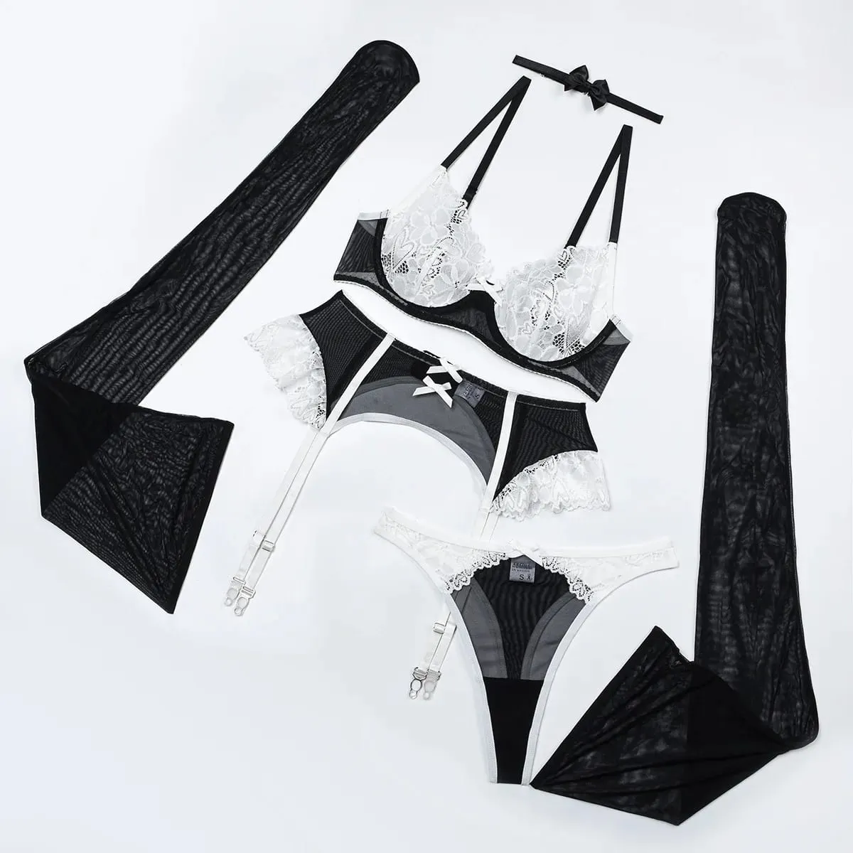 Sexy Lace Embroidered Exotic Lingerie Sets Women Black White Mesh Patchwork Transparent Bra Garter Belt 3 Piece Intimate Sets — image 1