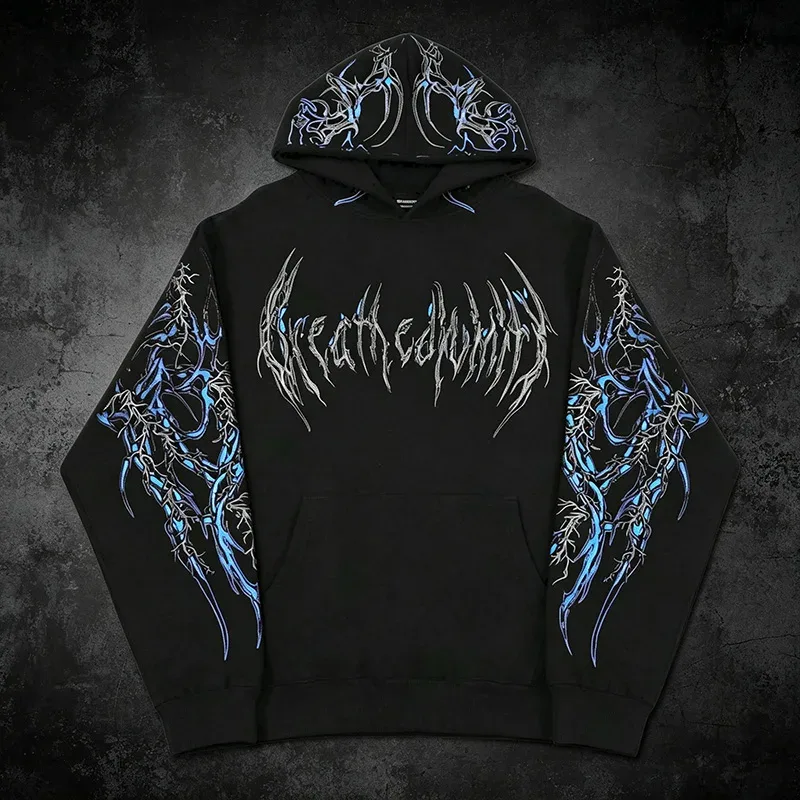 Men Alt Gothic Pullover Hoodie Y2k High Street American Style Dark Thorn Print Fleece Lined Loose Biker Fall Winter Sweatshirt — image 29