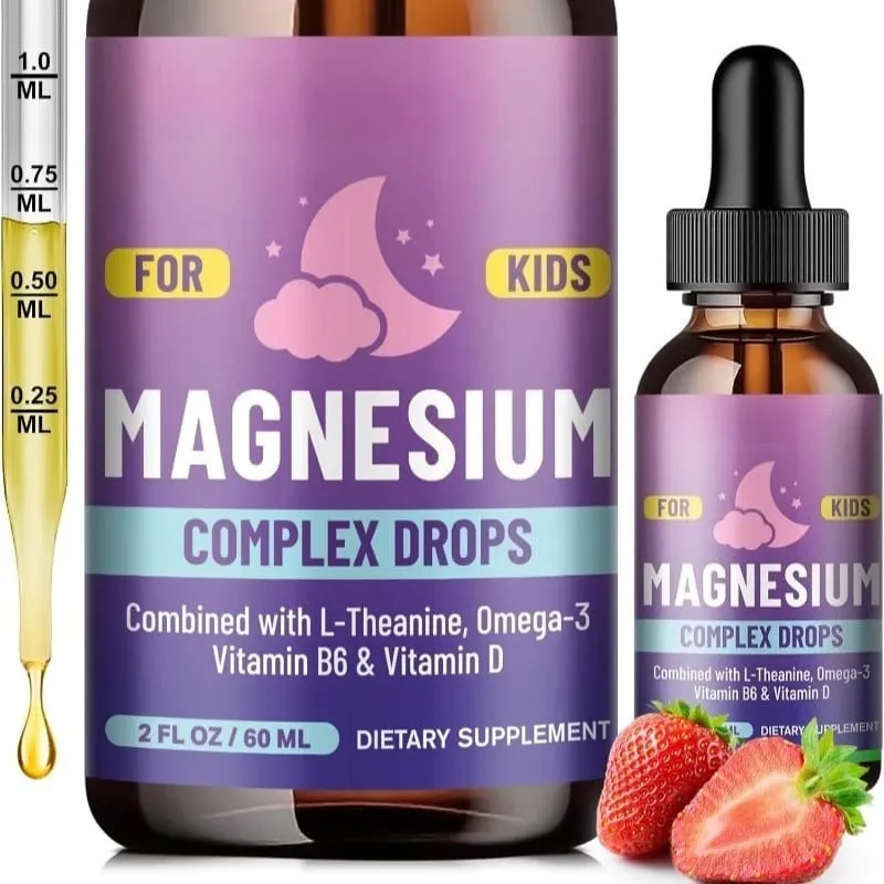 Gouttes liquides de glycinate de magnésium pour enfants avec L-théanine oméga-3 vitamine B6 D3 pour la relaxation du sommeil 2 Fl Oz saveur de fraise