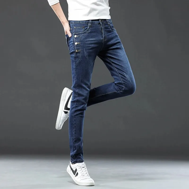 New Men Slim Korean Button Jeans Black Skinny Solid Color Stretch Multi-button Youth Male Denim Pants Streetwear — image 10