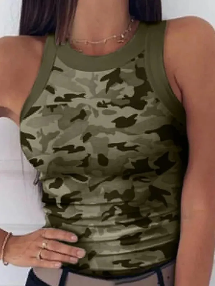 Women Casual Camo Round Neck Ribbed Tank Top Summer Basic Elastic Camisole Sexy Sleeveless Crew Neck Vest Women's Clothing — image 2